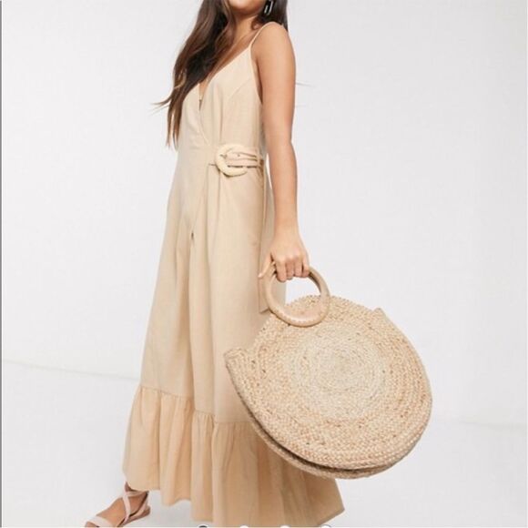 ASOS Dresses & Skirts - NWT ASOS DESIGN cami wrap maxi dress in linen with wicker belt in stone